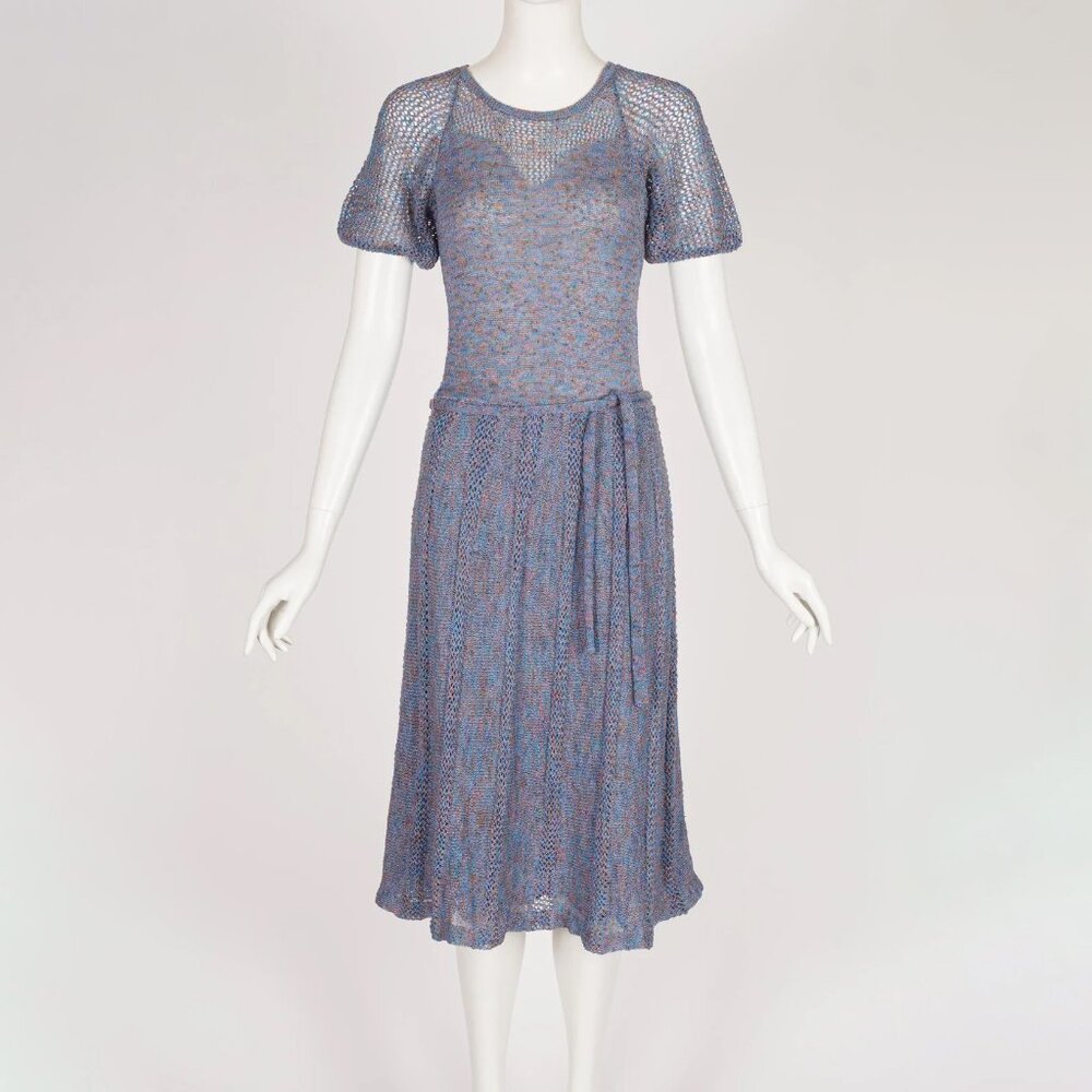 1970s Vintage "Ten Points" British Boutique Puff Sleeve Belted Knit Dress Sz XS - Picture 3 of 6